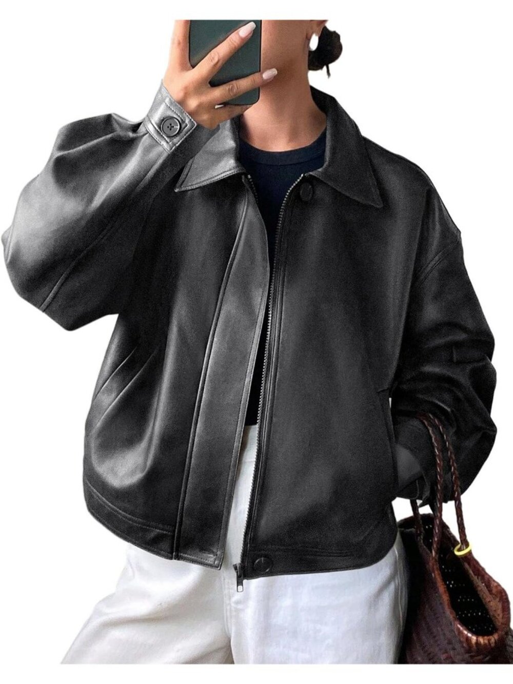 Women's Grey Faux Leather Oversized Fall ZIP Up Casual Coat Motorcycle Jacket
